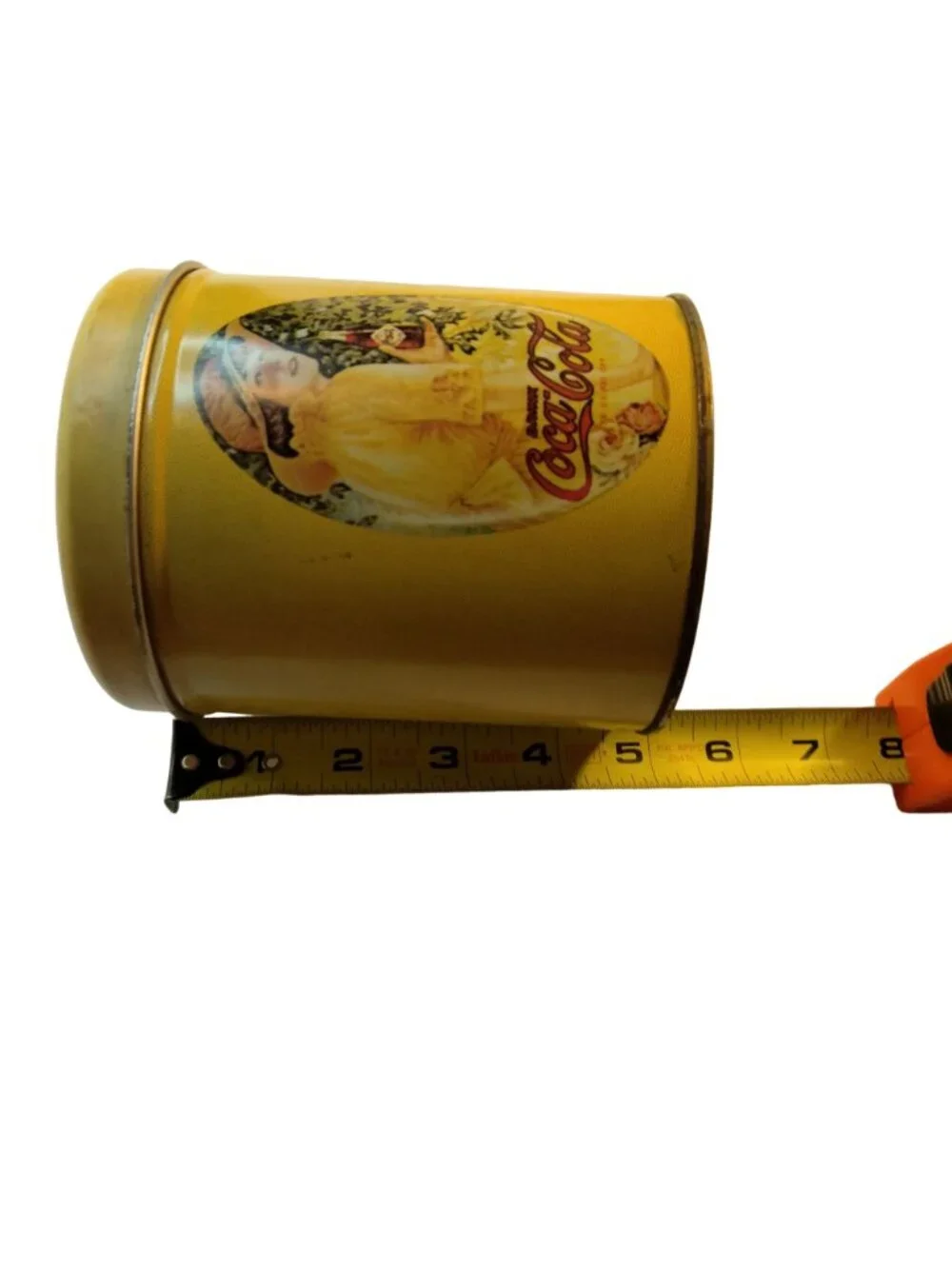 Vintage Coca Cola Tin Canister Yellow Lady Holding Coke Lidded Retro 1980s
